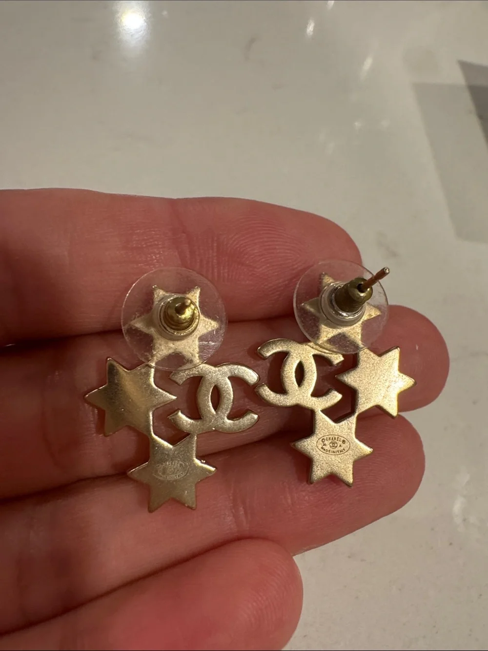 CHANEL Gold Crystal Star & CC Drop Earrings